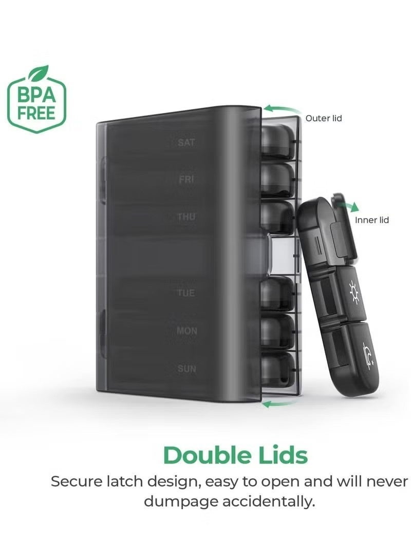 Weekly Pill Organizer +4-compartment mini pillbox 3 Times A Day, Portable Travel Pill Box 7 Day with Large Compartments, Portable Travel Pill Case for Vitamins, Medicine, Fish Oils, Supplements (Black) - Image 4